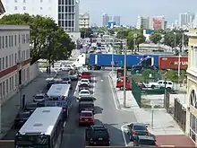 Congestion in Downtown Miami due to container trucks leaving the port. The Port Miami Tunnel helped to relieve this