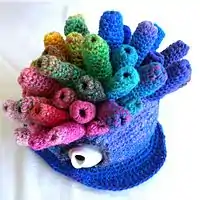 An elaborate Coral Tea Cosy, crocheted to suggest the appearance of a Coral reef