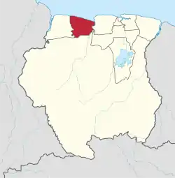 Map of Suriname showing Coronie district