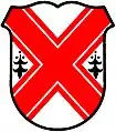 Argent, a saltire cottised gules, between two ermine spots in fess