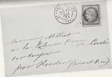 Back of a letter, bearing the following cancellation: "Saint-Denis-sur-Seine (60) May 15th 1871". It is addressed to : "Monsieur Milliet à la Colonie de Condé sur Vesgre."