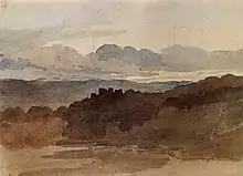 A watercolour painting, with a dark castle in the middle surrounded by dark green painting and a swirling, dark sky.