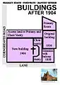 More detail of the buildings after the construction of the 1904 building.  The access on the north side is shown in the 1903 architect's drawings as sloping down to Choir Vestry floor level.  Although shown on the Land Registry as part of the Baptist Church land, this was absorbed into the car park when the Council demolished the remaining houses in the early 1980s.