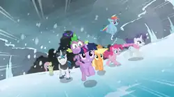 A group of multicolored ponies flee from an ominous dark cloud while surrounded by ice.