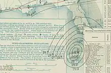A weather map focused on the eastern Gulf of Mexico depicting a storm system on the north shore of Cuba. The storm is denoted by the word "LOW" surrounded by numerous circular lines known as isobars.