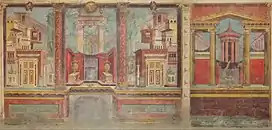 Restoration of a fresco from an Ancient Roman villa bedroom, circa 50-40&nbsp;BC, dimensions of the room: 265.4 × 334 × 583.9&nbsp;cm, in the Metropolitan Museum of Art (New York City)