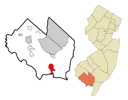 Map of Port Norris, highlighted within Cumberland County. Right: Location of Cumberland County in New Jersey.