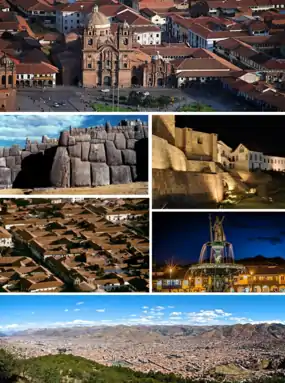 Clockwise from top: Plaza de Armas; Qurikancha; fountain at the Plaza de Armas; aerial view of Cusco; view of colonial houses; and Sacsayhuamán