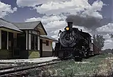 Denver and Rio Grande Western steam train at Aztec depot, 1967