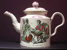 Teapot with scene of a fortune-teller. Printed black outline with manual enamel colours. 1762–82
