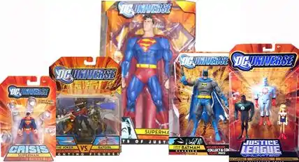 DC Universe sublines Infinite Heroes (Superman pictured), Fighting Figures (The Joker vs. Batgirl pictured), Giants of Justice (Superman pictured), Classics (Crime-Stopper Batman pictured), and Justice League Unlimited (John Stewart-Captain Atom-Supergirl 3-pack pictured)