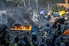 Protesters throwing Molotov cocktail towards police