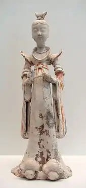 Tomb figure of a lady attendant, 7th- to 8th-century; during the Tang era, female hosts prepared feasts, tea parties, and played drinking games with their guests.