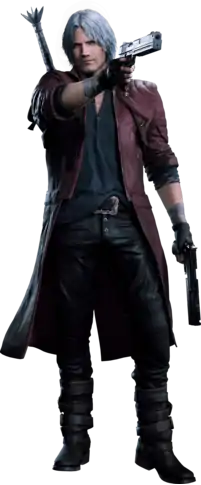 Render of a silver haired man wearing a red jacket. The hilt of his sword is visible while he points a pistol forward.