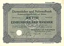 Darmstädter und Nationalbank KGaA (DANAT-Bank) stock certificate for 100 Reichsmark, issued in October 1928 in Berlin