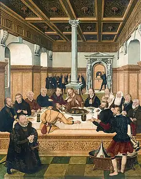 Protestant version by Lucas Cranach the Younger, 1565, with leading Reformers portrayed as the Apostles, and the Elector of Saxony kneeling.