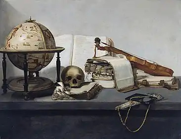 Vanitas Still life with Books, a Globe, a Skull, a Violin and a Fan, 1650
