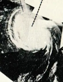 Black and white satellite image of a hurricane showing organized structure but no cyclonic eye. The hurricane appears to the right of the image, and the curvature of the Earth is visible.