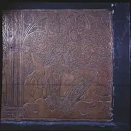 Decorative panel of Lalli slaying Henry and wearing his mitre from Nousiainen church, c. 1420
