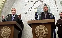 Rumsfeld with Afghanistan's President Hamid Karzai during a press conference at the Presidential Palace in Kabul, Afghanistan on April 13, 2005