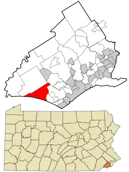 Location in Delaware County and the state of Pennsylvania.