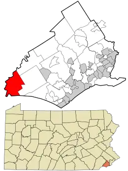 Location of Delaware County in the state of Pennsylvania.