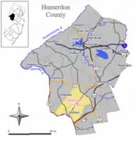 Map of Delaware Township in Hunterdon County. Inset: Location of Hunterdon County highlighted in the State of New Jersey.