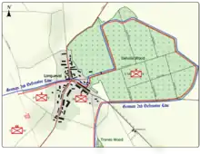 Colour map image depicting town and wood to the right of the town. Shows main access routes and positions of Allied and German forces on 15 July 1916