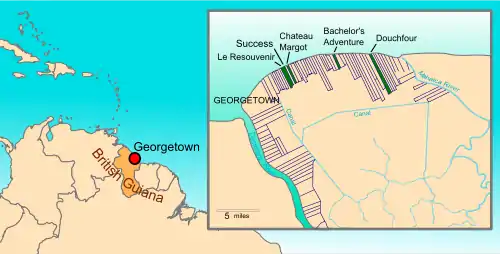 Map of northern coast of today's Georgetown Guyana in 1823, showing the plantations as neat narrow strips perpendicular to the coast
