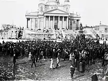 Hundreds of demonstrators at the Helsinki Senate Square with the Helsinki Cathedral high in the background. The demonstrations were a prelude to the later local and general strikes.