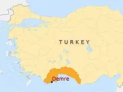Location of Demre in Antalya province, Turkey.