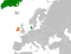 Map indicating locations of Denmark and Ireland