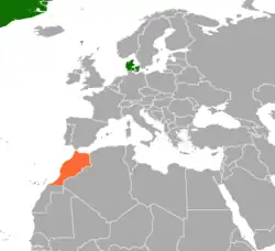 Map indicating locations of Denmark and Morocco