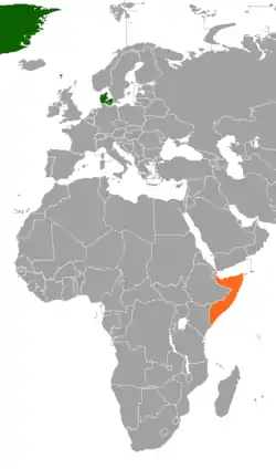 Map indicating locations of Denmark and Somalia