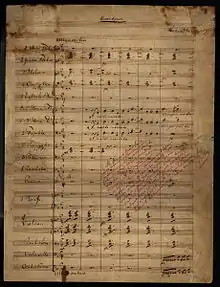Six bars of music are written across 19 pre-printed staves. The page is headed "Overture". Below the heading to the right is Wagner's name. The tempo indication is allegro con brio. Several lines are written diagonally in lighter handwriting.