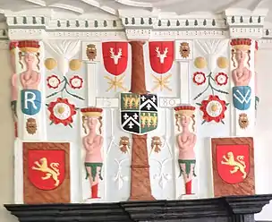 Fireplace in the hall, showing the quartered arms of the Wynn family, surrounded by badges and caryatids