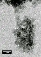 An image resembling a cluster of grape where the cluster consists of nearly spherical particles of 5 nm (2.0×10−7 in) diameter