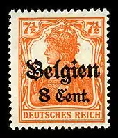 Belgium, World War I: German postage stamp overprinted with "Belgium" for use during the German occupation.