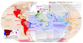 The areas of the world that at one time were territories of the Spanish Monarchy or Empire