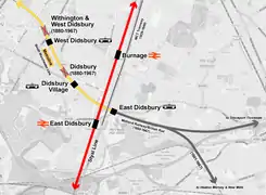 Map of Didsbury showing the locations of the old station and the tram stop
