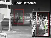 Thermal camera system with video analysis software detecting an oil leak from a valve at 50 feet and 150 feet in heavy rain.