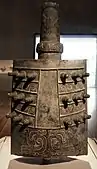 Bell (lai zhong); 800–700 BC (Western Zhou dynasty); 70.3 × 37 × 26.6&nbsp;cm (27.mw-parser-output .frac{white-space:nowrap}.mw-parser-output .frac .num,.mw-parser-output .frac .den{font-size:80%;line-height:0;vertical-align:super}.mw-parser-output .frac .den{vertical-align:sub}.mw-parser-output .sr-only{border:0;clip:rect(0,0,0,0);clip-path:polygon(0px 0px,0px 0px,0px 0px);height:1px;margin:-1px;overflow:hidden;padding:0;position:absolute;width:1px}5⁄8 × 14.mw-parser-output .frac{white-space:nowrap}.mw-parser-output .frac .num,.mw-parser-output .frac .den{font-size:80%;line-height:0;vertical-align:super}.mw-parser-output .frac .den{vertical-align:sub}.mw-parser-output .sr-only{border:0;clip:rect(0,0,0,0);clip-path:polygon(0px 0px,0px 0px,0px 0px);height:1px;margin:-1px;overflow:hidden;padding:0;position:absolute;width:1px}9⁄16 × 10.mw-parser-output .frac{white-space:nowrap}.mw-parser-output .frac .num,.mw-parser-output .frac .den{font-size:80%;line-height:0;vertical-align:super}.mw-parser-output .frac .den{vertical-align:sub}.mw-parser-output .sr-only{border:0;clip:rect(0,0,0,0);clip-path:polygon(0px 0px,0px 0px,0px 0px);height:1px;margin:-1px;overflow:hidden;padding:0;position:absolute;width:1px}7⁄16 in.); from Meixian (Shaanxi); Cleveland Museum of Art (Ohio, U.S.). In ancient China music and ritual had political significance and were linked inseparably to the power of states
