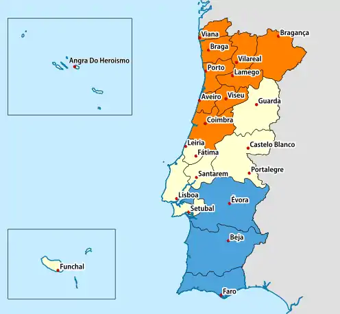 Map showing the jurisdiction of Portuguese dioceses (Diocese of Coimbra is located at the bottom of the section coloured orange)