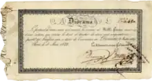 Stock certificate of the Société d'exploitation du Diorama de Paris for 1000 Francs, issued on 3 August 1822, signed in the original by the two inventors and founding directors Charles Marie Bouton and Louis Daguerre. The holder of the share was entitled to the two hundred and fiftieth part of the net profits from the opening of the Diorama on 11 July 1822.