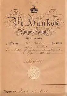 Certificate for the South Pole Medal awarded to Beck