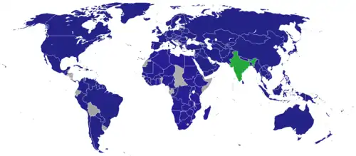 Diplomatic missions of India (Blue) & HQ and domestic offices (Green)