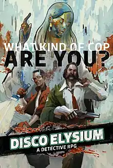 Abstracted, painterly image of the main characters of Disco Elysium beneath the words “What kind of cop are you?” and a female statue