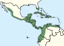 Distribution range of C. acutus (green = terrestrial range; horizontal lines = marine range).