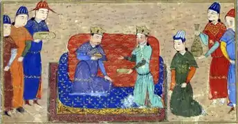 Painting of two men wearing crowns on a couch, with three men on either side looking at them
