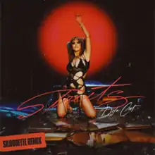 Cover art for the Silhouette Remix of "Streets": Doja Cat kneeling atop a car's smashed hood, her left hand raised to the air. A red sticker that says "SILHOUETTE REMIX" is plastered on the cover art's bottom left corner.